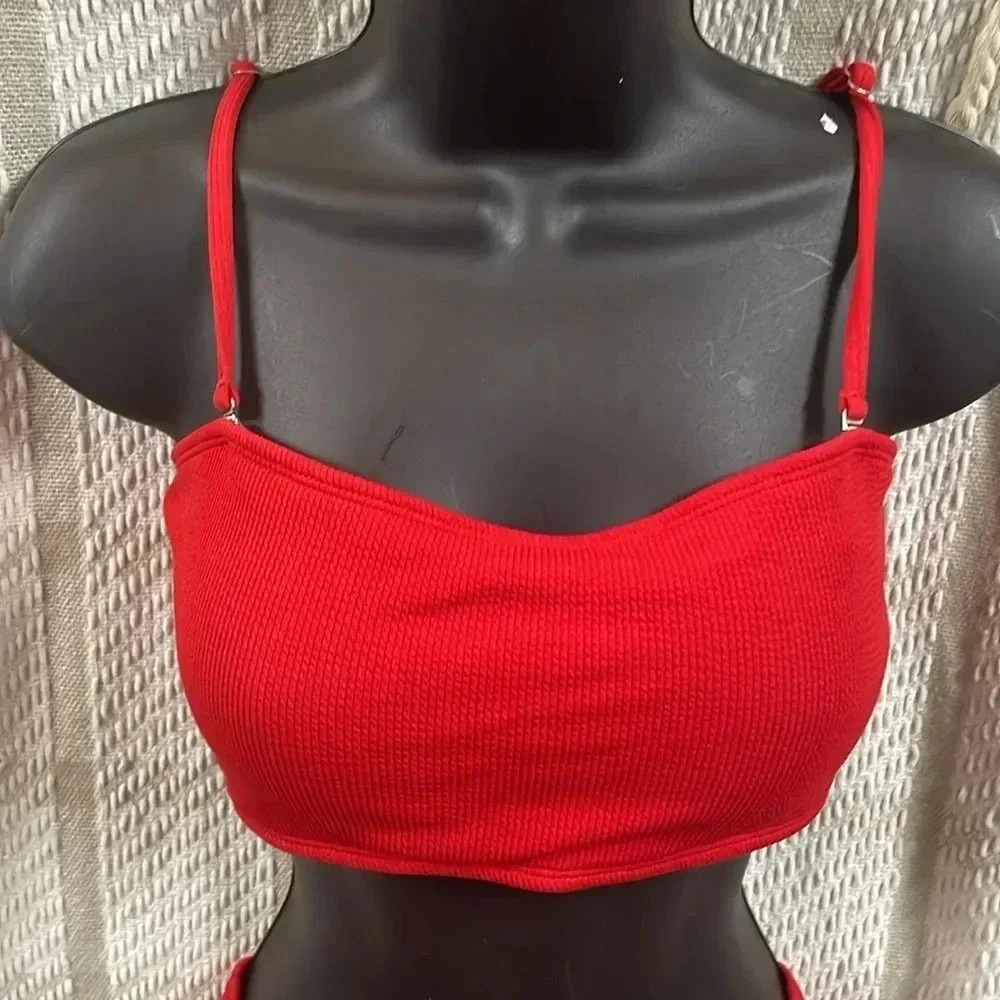 ZAFUL Women Strapless Bikini Lace Up Ribbed High Cut Bandeau 2 Piece Swimsuit - Picture 3 of 10